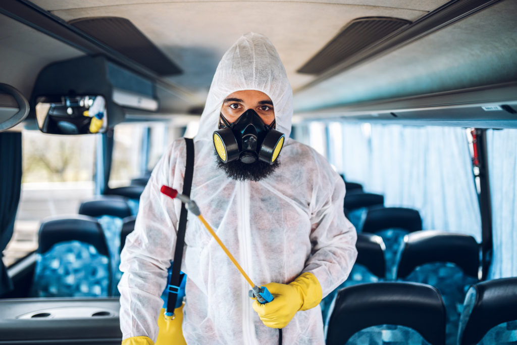 Professional chemical cleaning of bus seats. Bus disinfection.