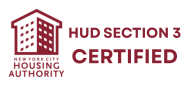 Dark Red New York City Housing Authority Logo with text saying "HUD Section 3 Certified"