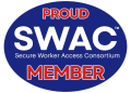 Blue oval with red and white text saying 'Proud SWAC (Secure Worker Access Consortium) Member'
